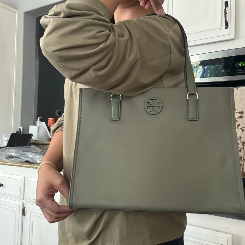 Tory Burch 160633 Ella Small Nylon Tote Handbag Palm Leaf Green